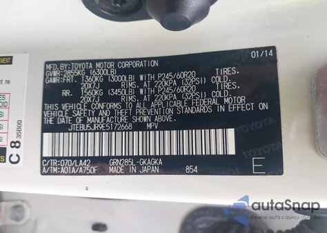 2014 Toyota 4Runner Limited z USA, uszkodzony, nr VIN JTEBU5JR9E5172668